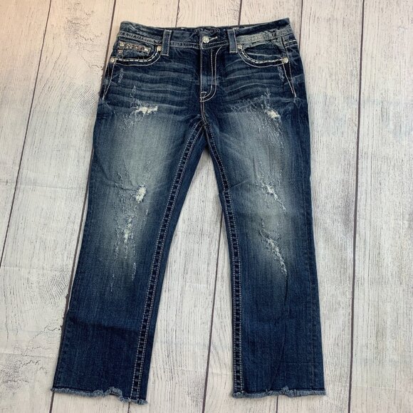 Miss Me Jean Easy Crop 30 Dark Wash Stretch Inseam 26" Embellished Pockets Pink - Picture 1 of 16